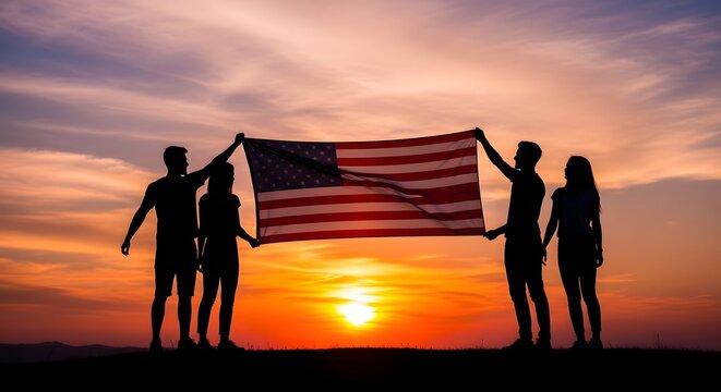 Celebrating flag day with patriotism silhouettes of unity under the american flag at sunset