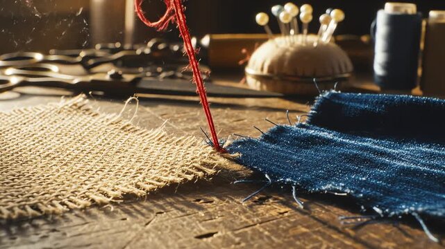 Close-up of a needle with red thread meticulously joining two fabrics on a rustic table, surrounded by tailoring tools, showcasing handmade craft and dedication