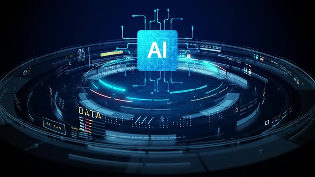 Futuristic AI processor chip with digital interface and data network connections. High-tech background for artificial intelligence, machine learning, automation, and innovation concepts. 4k