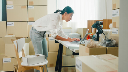 Youth attractive Asia female entrepreneur small business check parcel box key barcode number on...