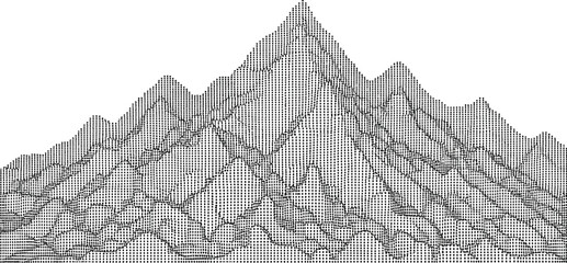 Fototapeta premium A detailed wireframe rendering depicts a sharp, jagged mountain range with numerous peaks against a white backdrop.