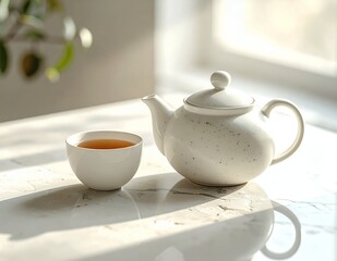 Fototapeta premium White Teapot and Cup with Tea on Marble Table in Sunlight.