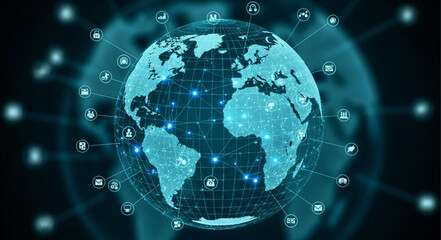 Obraz premium Digital Globe with Network Connections and Icons.