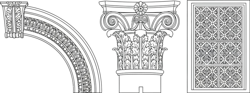 Classical architectural elements including an Ionic capital, an ornate arch segment, and a decorative panel are shown in line.
