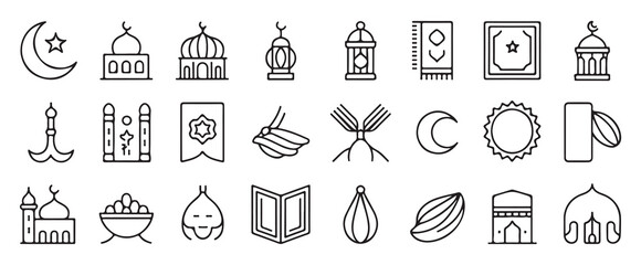 Ramadan kareem traditional muslim holidays line icons set. eid al fitr and eid al adha outline vector design