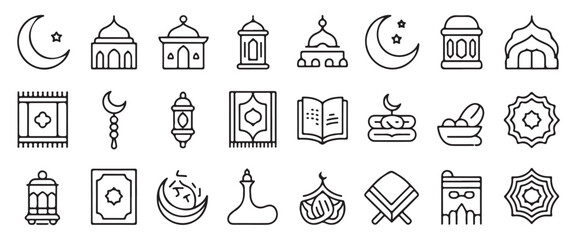 Religious islamic outline icon collection featuring mosques lanterns prayer mats and ramadan kareem art
