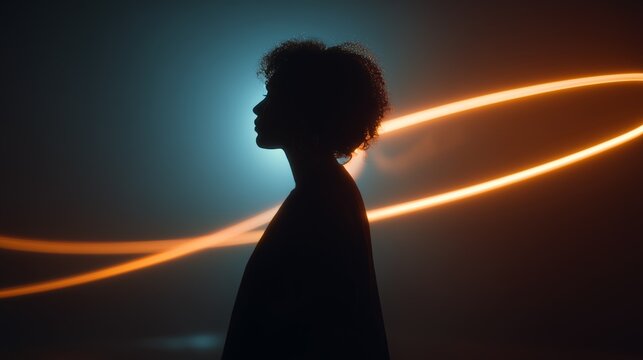Silhouette of a woman against a vibrant backdrop featuring dynamic orange and blue neon light streaks, creating an ethereal atmosphere.