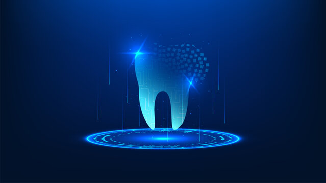 Dental medical technology concept featuring a tooth integrated with digital circuit patterns, representing advanced oral treatment, smart dentistry, healthcare innovation, and modern dental technology