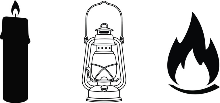 A black and white icon set displays a burning candle, an oil lantern, and a stylized flame graphic.