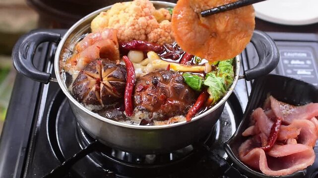 Close-up of chopsticks picking pork slice in boiling Chinese mala hot pot with spicy soup, shiitake mushrooms, fried tofu, and fresh vegetables. Authentic Asian traditional delicious spicy food.