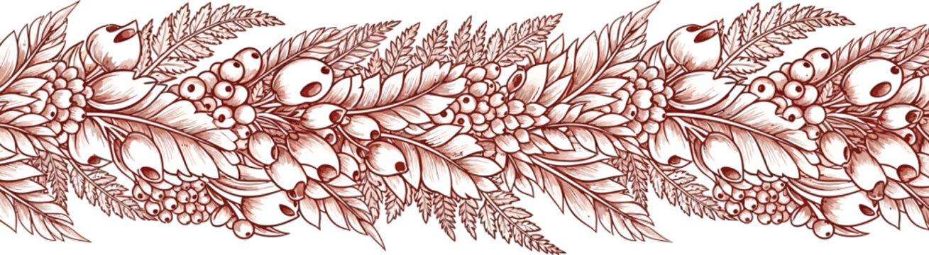 Monochrome botanical border design features repeating clusters of berries and detailed fern leaves across the horizontal.