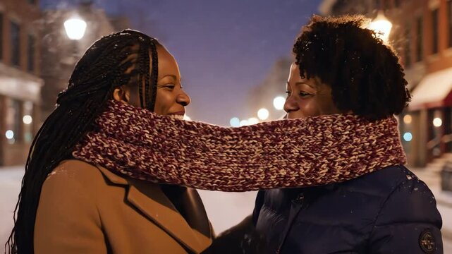 Two women sharing a warm moment bundled up in a thick scarf during a snowy winter evening