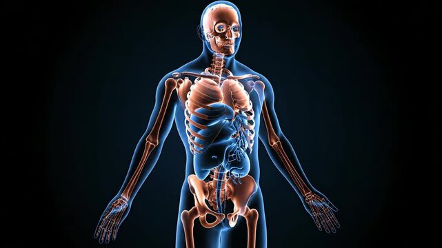 Full-body illustration of a human skeleton with muscles and bones visible, depicted against a dark background with blue and orange hues.
