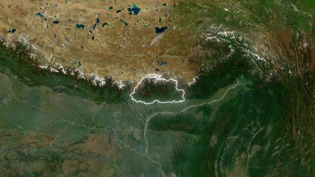 World Map to Country Zoom Animation with Glowing Border Outline Bhutan