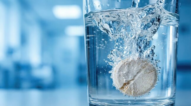 Effervescent tablet dissolving in a glass of water for cold relief. Horizontal banner. Copy space. Seasonal cold concept, Hangover concept