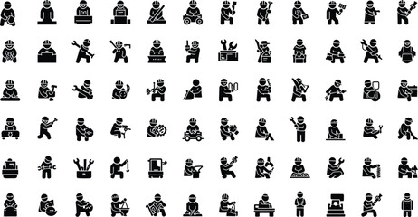 Construction Worker and Industrial Labor Occupation Silhouette Icon Set Featuring Builder, Engineer, Technician and Manufacturing Workforce Symbols Collection