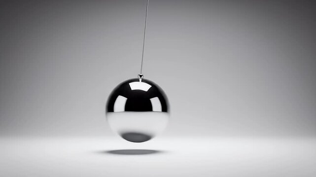 A single, highly polished metallic sphere hangs from a thin wire against a neutral background