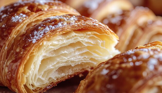 Close up view of croissant with layers and texture of butter and dough displayed together