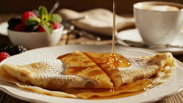 A stream of maple syrup fills a crepe with sugar and berries