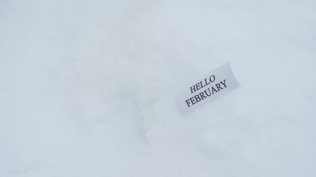 A postcard with the words HELLO FEBRUARY is placed on the snow