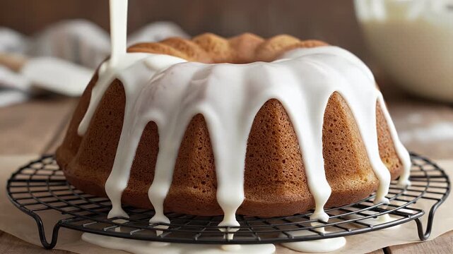 A stream of white icing glaze covering a golden bundt cake