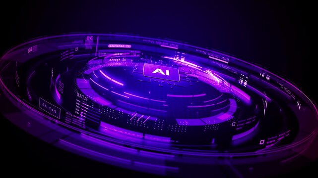 Neon purple AI platform with glowing digital interface and data network connections. Futuristic artificial intelligence, machine learning, and high-tech innovation background. Background 4k
