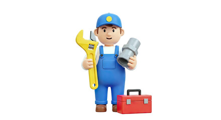 3D Cartoon Plumber with Wrench and Pipe Fitting