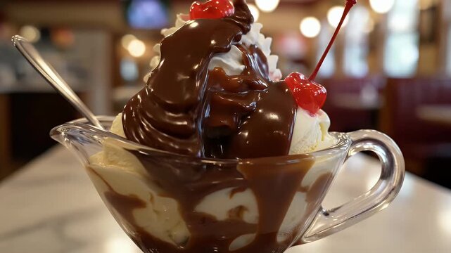 A sundae coated with hot fudge whipped cream and cherries