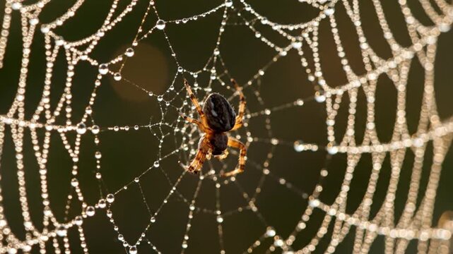 A close-up view of a spider sitting at the center of its dew-covered web, with delicate water droplets glistening in soft natural light.