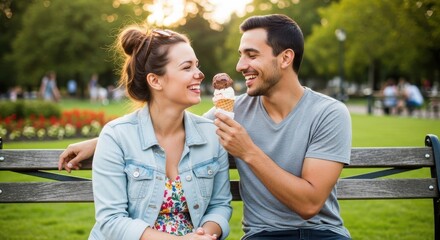 Obraz premium Couple sharing a playful ice cream moment in a park on a sunny day