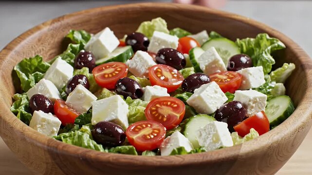 A vibrant Greek salad with feta olives and tomatoes in a wooden bowl