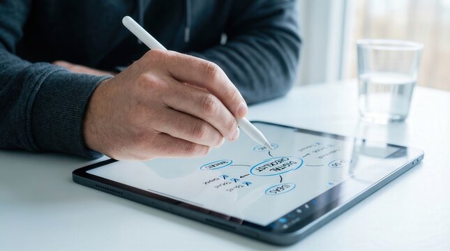 Person using a digital tablet with a stylus to create a mind map on a white screen, with a glass of water visible on a table in a bright indoor setting
