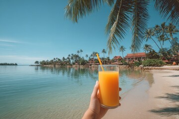 Hand Holding Glass Of Orange Juice At Tropical Beach With Palm Trees And Blue Sky