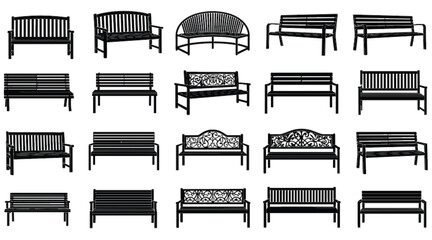 Park bench silhouettes collection, outdoor furniture designs set, wooden metal benches, urban garden seating, isolated black vector illustration