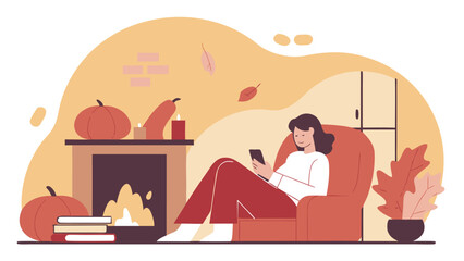 Fototapeta premium Woman relaxes in an armchair by a fireplace, using a smartphone with autumn pumpkin decorations.