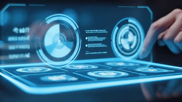 Futuristic holographic interface displays circular graphs and icons as a finger interacts