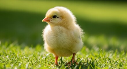 A fluffy yellow baby chick standing on vibrant green grass in the bright sunlight