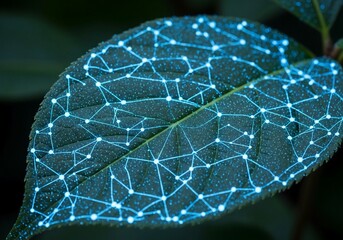 Glowing blue network on a leaf futuristic technology and nature concept with connections