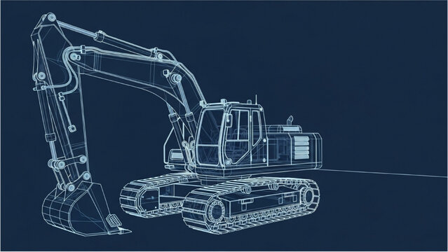 Detailed vehicle autocad blueprint of heavy machinery excavator on dark background 3D model