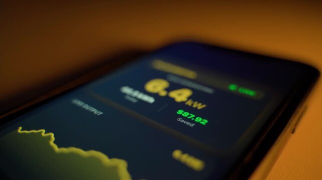 A phone app shows the amount of money saved using solar panels, close-up. Savings when using solar energy