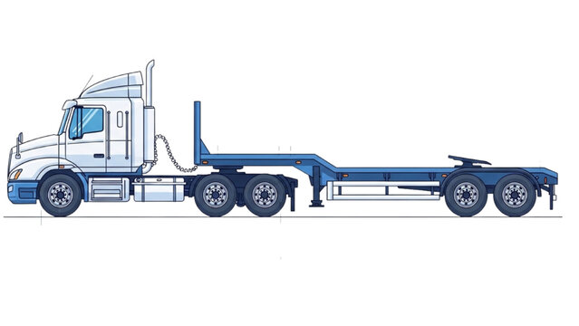 Detailed vehicle autocad blueprint of a semi-truck with trailer in a technical drawing style viewed from the side
