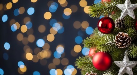 Obraz premium Close-up of decorated Christmas tree branch with red ornaments and pine cones against a blurred bokeh background of warm lights