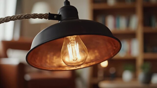 Vintage-style bulb pendant light with rope cord, black shade and warm interior backdrop