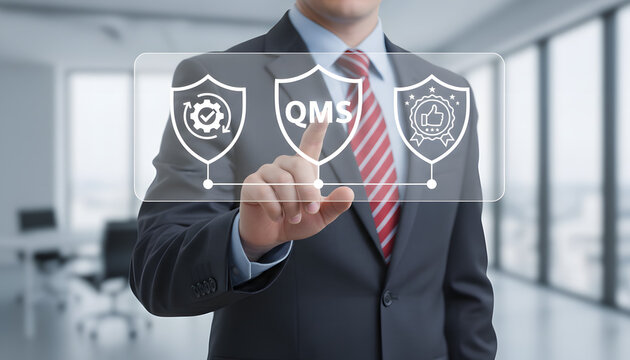 Businessman interacting with quality management system interface in modern office