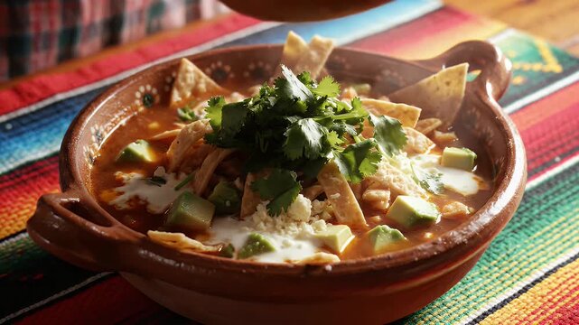 Delicious fresh cilantro falling onto a hearty bowl of tortilla soup