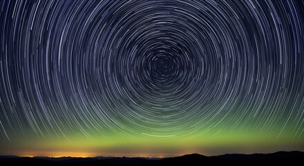 Circular star trails captured over a silhouetted landscape with a green aurora borealis glow on the horizon.