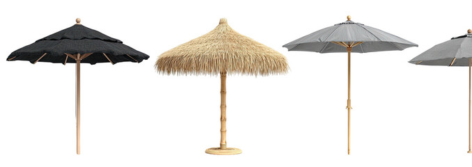 Obraz premium Four different styles of open outdoor shade umbrellas set against a solid black background