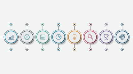 Obraz premium Horizontal business process timeline with colorful circular icons in flat design