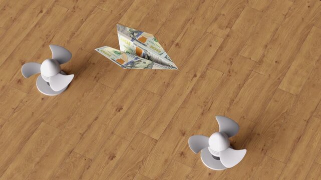 High-quality motion graphic loop of a currency airplane ascending over fans for cash flow and economic stimulus concepts