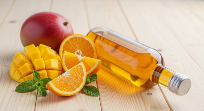 Orange liqueur in a glass bottle with fresh citrus on table. Alcoholic beverage, cocktail ingredient and bar concept.